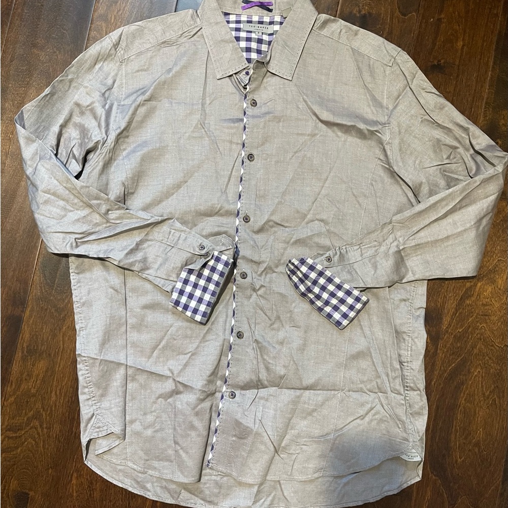 Ted Baker Gray Button-Up Shirt with Checkered Cuffs